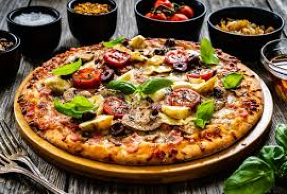 CAPRICCIOSA:TOMATE-FROMAGE-CHAMPIGNON-JAMBON-OLIVES-CAPRES-ANCHIOS-ARTICHAUT